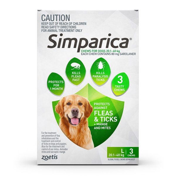 Simparica For Dogs 20.1- 40kg Green Large 3 Chews