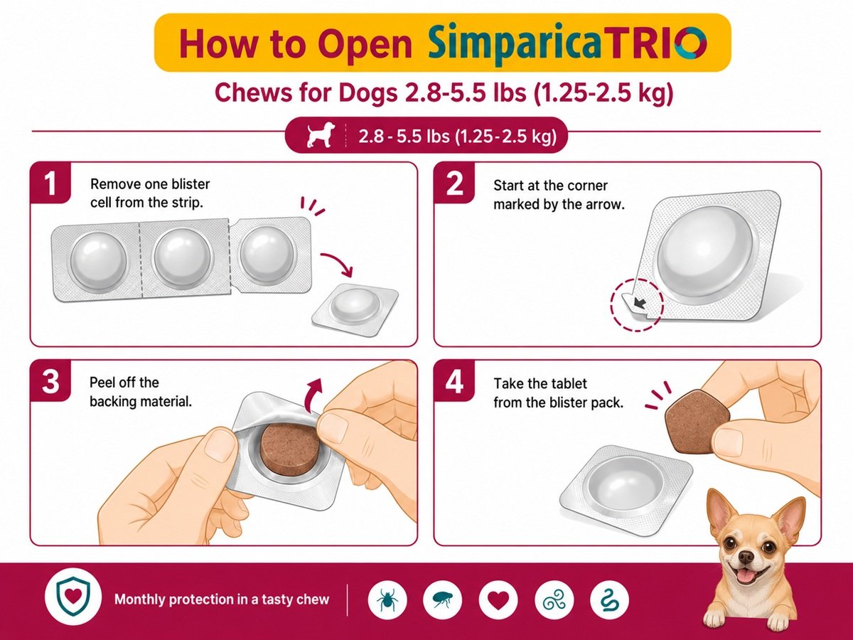 Feeding guide for Simparica TRIO Chews for Dogs 2.8-5.5 lbs