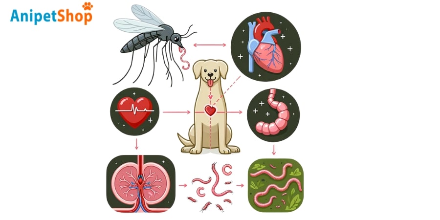A mosquito biting a dog and transmitting heartworm larvae (microfilaria) into the dog's bloodstream
