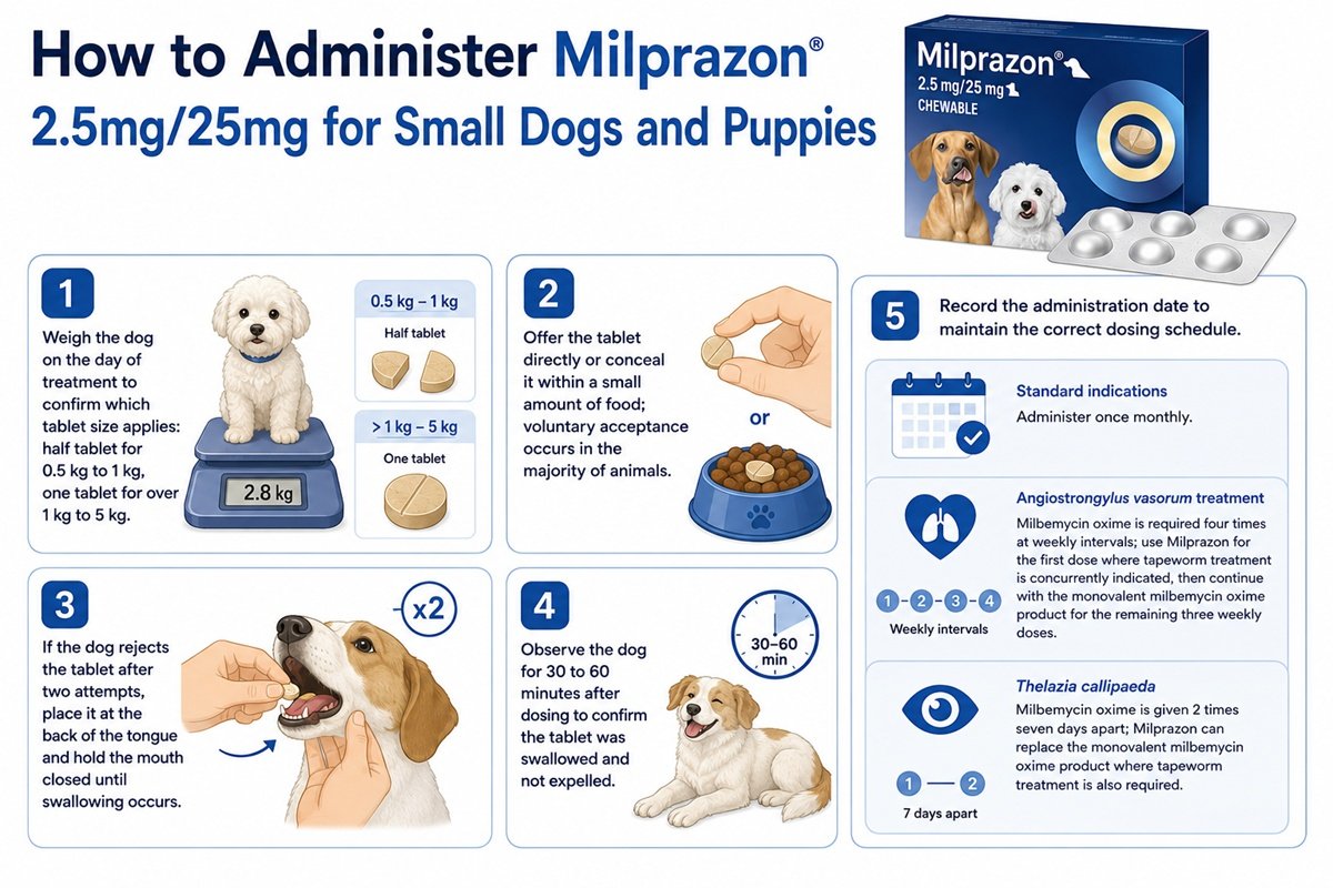 Directions for administering Milprazon 2.5mg/25mg tablets