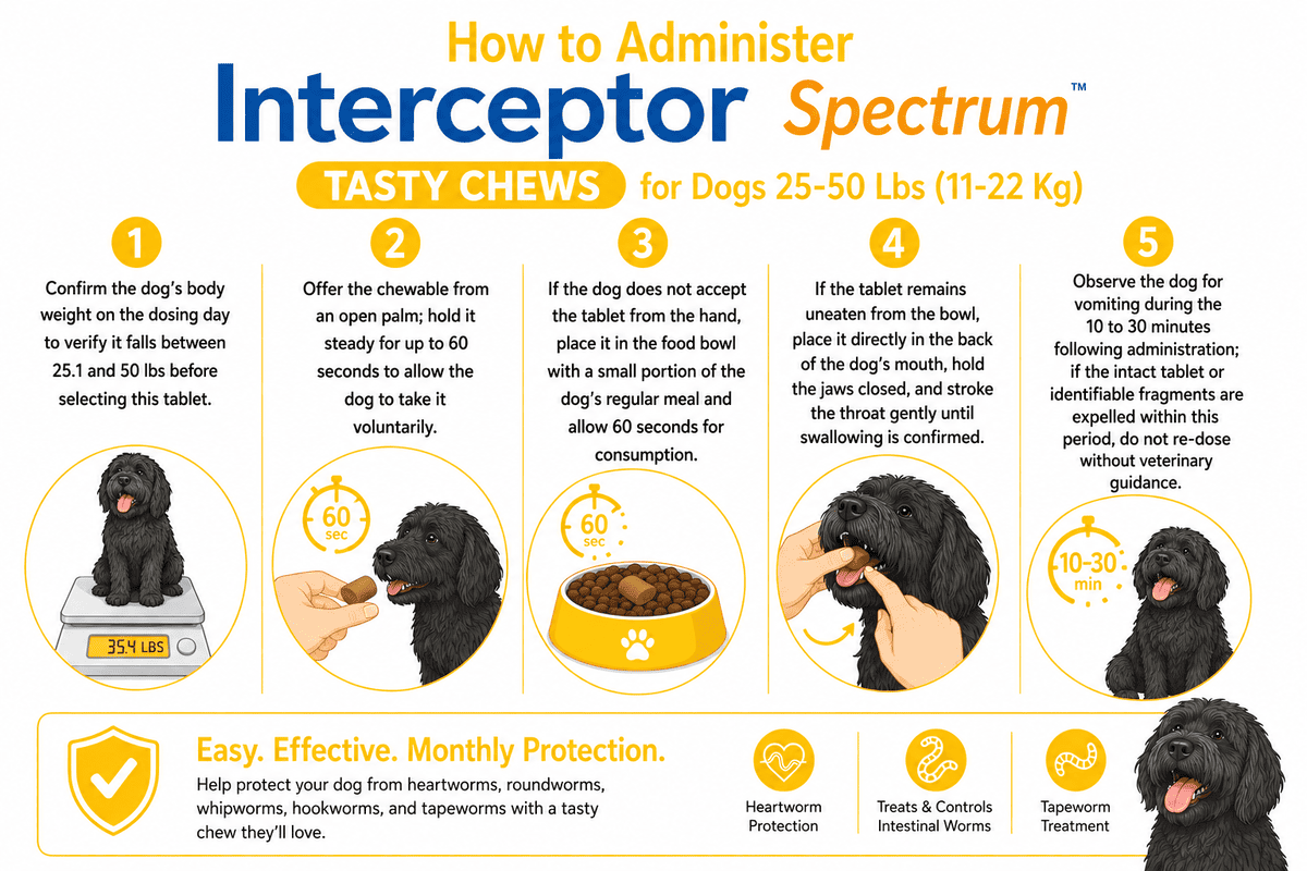 how to administer interceptor spectrum tasty chews for dogs 25-50 lbs