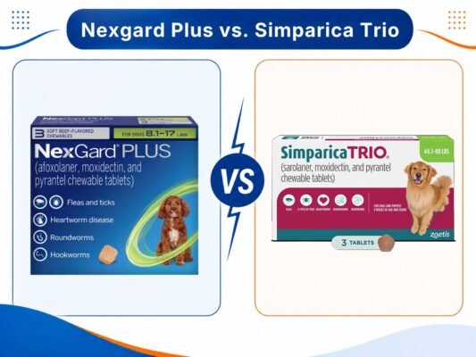 Comparing NexGard PLUS and Simparica Trio chewable tablets for dogs.