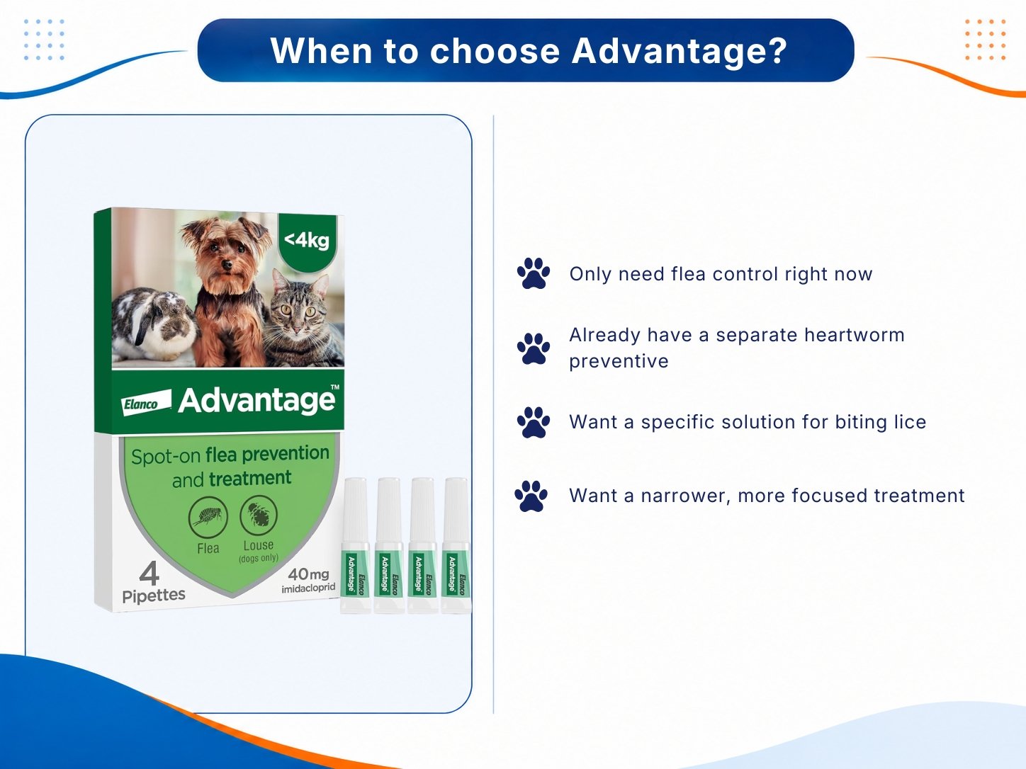 Listing four situations where Advantage may be a suitable choice for focused flea control.