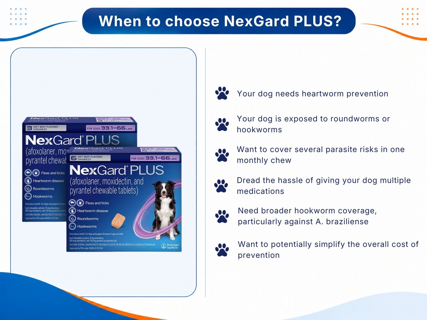 Highlighting heartworm, intestinal worm, convenience, hookworm, and cost considerations for NexGard PLUS.